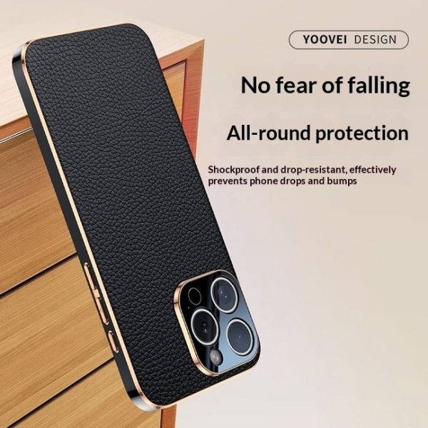 LuxeShield Gold Frame Leather Case for iPhone 15 / 16 / 17 Series