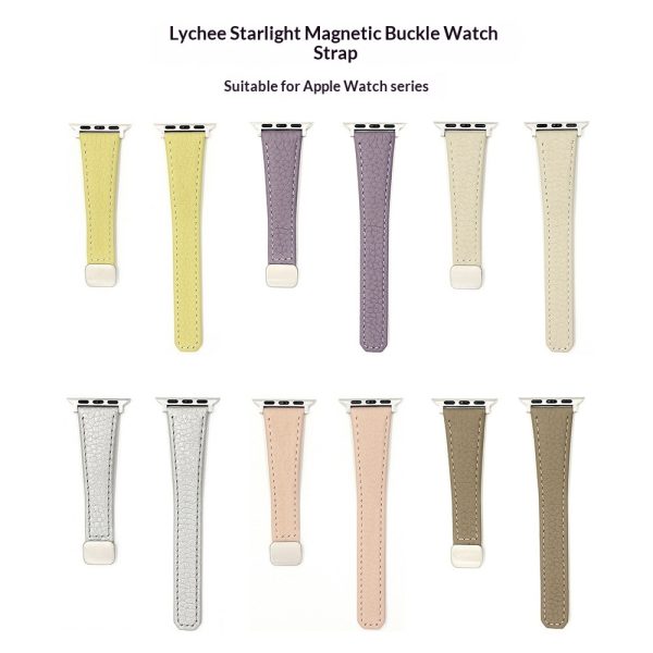 Genuine Leather Apple Watch Band with Magnetic Buckle – Slim Litchi-Texture Strap for Apple Watch (38–49mm)