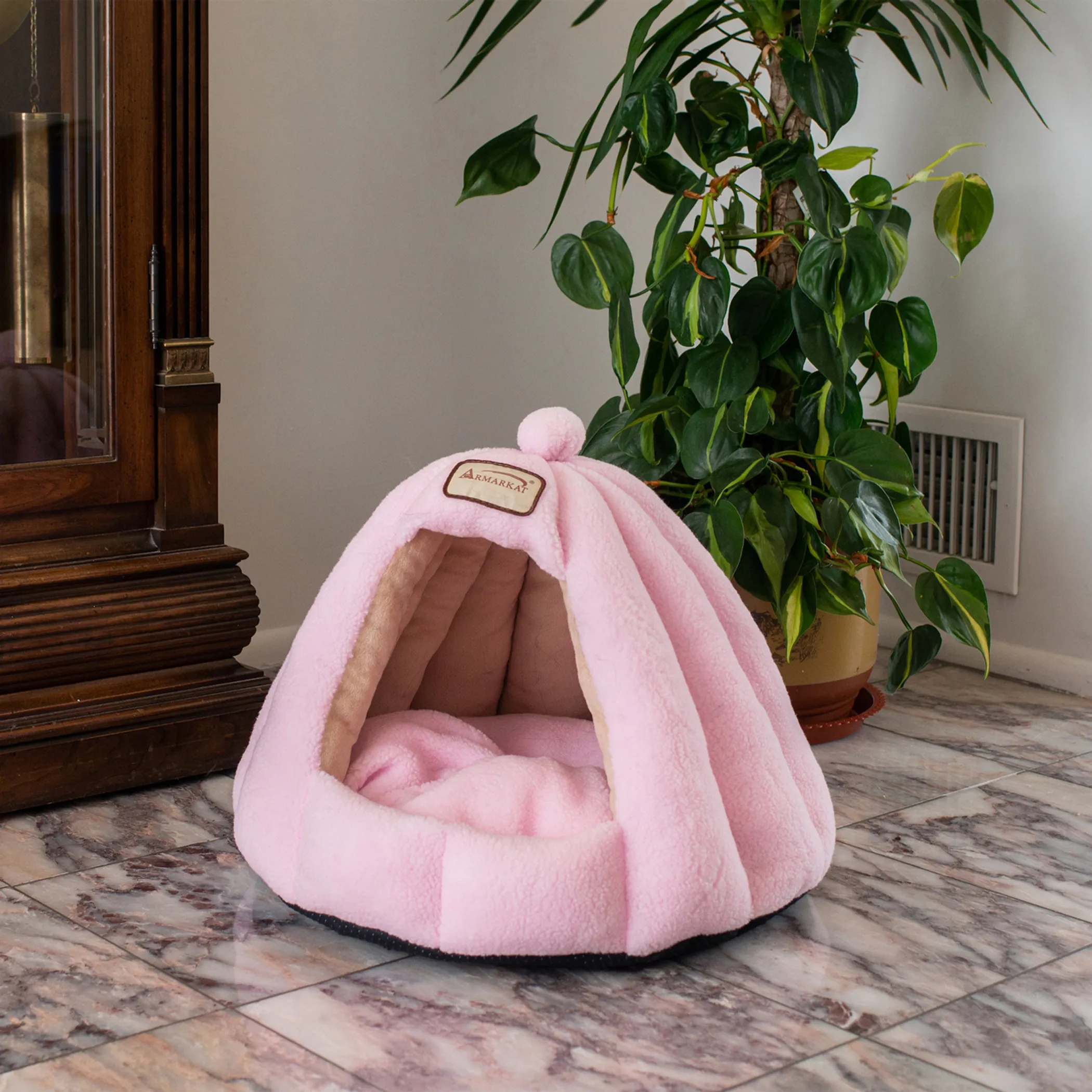 Armarkat Gumdrop Cave Cat Bed — Faux Fleece, Soft Pink - Image 3